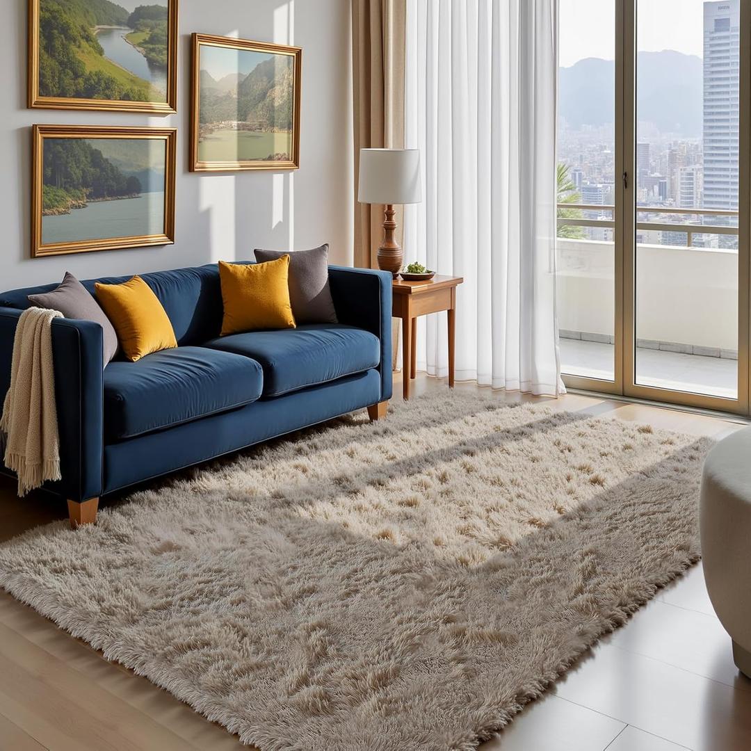 Fluffy Rug Shaggy Area Rug, Beige 4x6 Area Rugs for Bedroom, Small Bedside Rug, Soft Fluffy Shaggy Entryway Throw Rugs for Living Room Bedroom Kids Room Home Decor