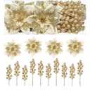 Gold Christmas Tree Picks with Poinsettias and Glitter Holly Berries