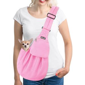 Lukovee Pet Sling, Hand Free Dog Sling Carrier Adjustable Padded Strap Tote Bag, Shoulder Bag with Safety Belt & Front Pocket for Small Dog Cat Puppy (Pink-WY,S) (B3- Pink (Knitted Fabric))