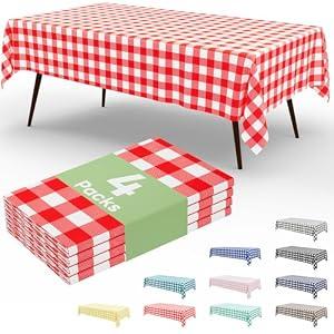 misaya 4 Packs Buffalo Disposable Table Cloth, 54 x 108 Inch Waterproof Plastic Tablecloth, Rectangle Red and White Checkered Table Covers for Picnic, Birthday, 4th of July Party
