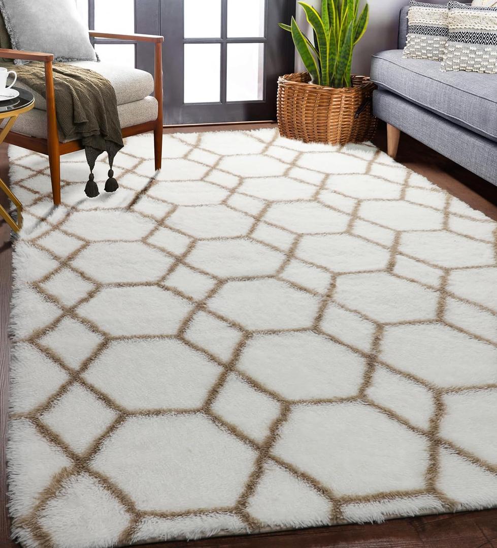 ONASAR Area Rugs for Bedroom Living Room, Washable 4x6 Fluffy White and Beige Throw Rug, Geometric Boho Shaggy Soft Plush Floor Carpet for Nursery Kids Girls Boys Teen Dorm Home Decor Aesthetic