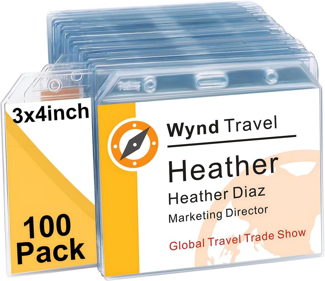 Fushing 3x4 Clear PVC Name Badge Holders - No Zipper Horizontal Tag Holders for 3 x 4 Inch Badge Inserts (100)