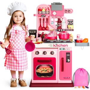 DRAMATION Kids Kitchen Playset, 27.1 Inches Play Kitchen with Sound and Light, Kitchen Set for Toddlers 1-3 3-5, Cooking Stove, Play Sink and Kitchen Accessories, Toy Kitchen (Pink), 20.9 inches x 8.9 inches x 27.2 inches