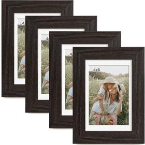 4x6 Picture Frame with Mat for 3.5x5, Distressed Black Wood Grain Gallery Wall Picture Frames for Tabletop or Wall Mounting(4 Pack, Black)