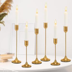 6 Pcs Brass Gold Candle Holders Set, Candelabra Tall Candle Stand, Metal Taper Candlestick Holders for Dining, Table Centerpieces & Vintage Home Decor Housewarming Gift, Mantel Decor