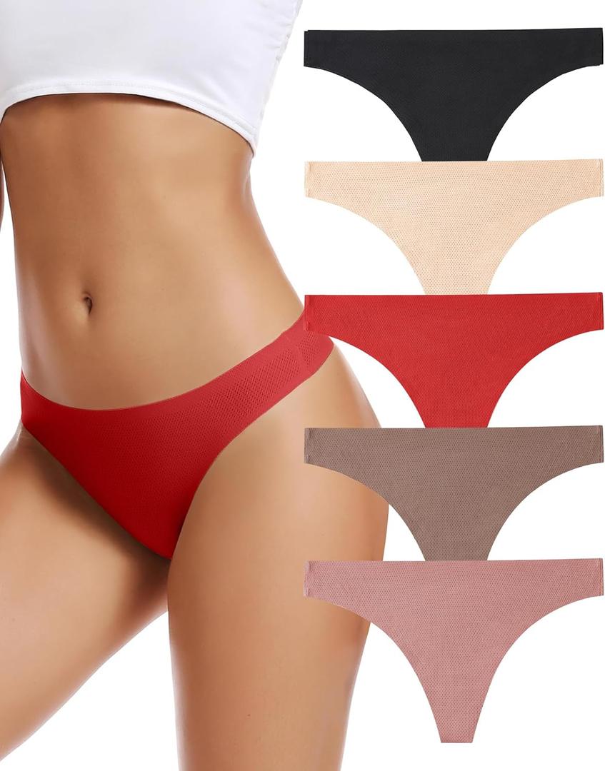 voenxe Seamless Women Underwear Thongs,No Show Ladies Thong,No Line Workout Breathable Comfortable Panties,Soft Undies,5-Pack (Small, I-5 Pack Coffee)