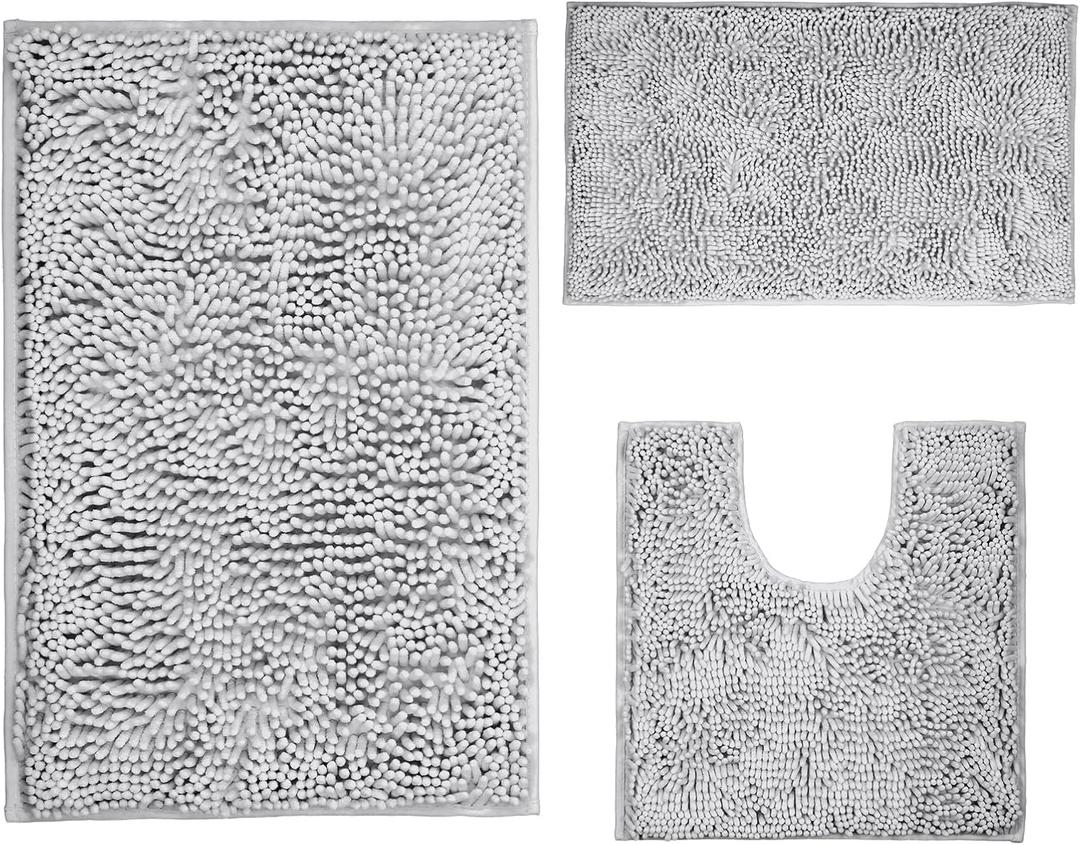 3 Pieces Light gray Bathroom Rugs, Ultra Soft Non Slip Absorbent Chenille Toilet Bath Mat Set Rugs for Slip-Resistant Shag Extra and Rug Shower Room Machine (Light gray, 20"x32"+17"x24"+20"x20"U)