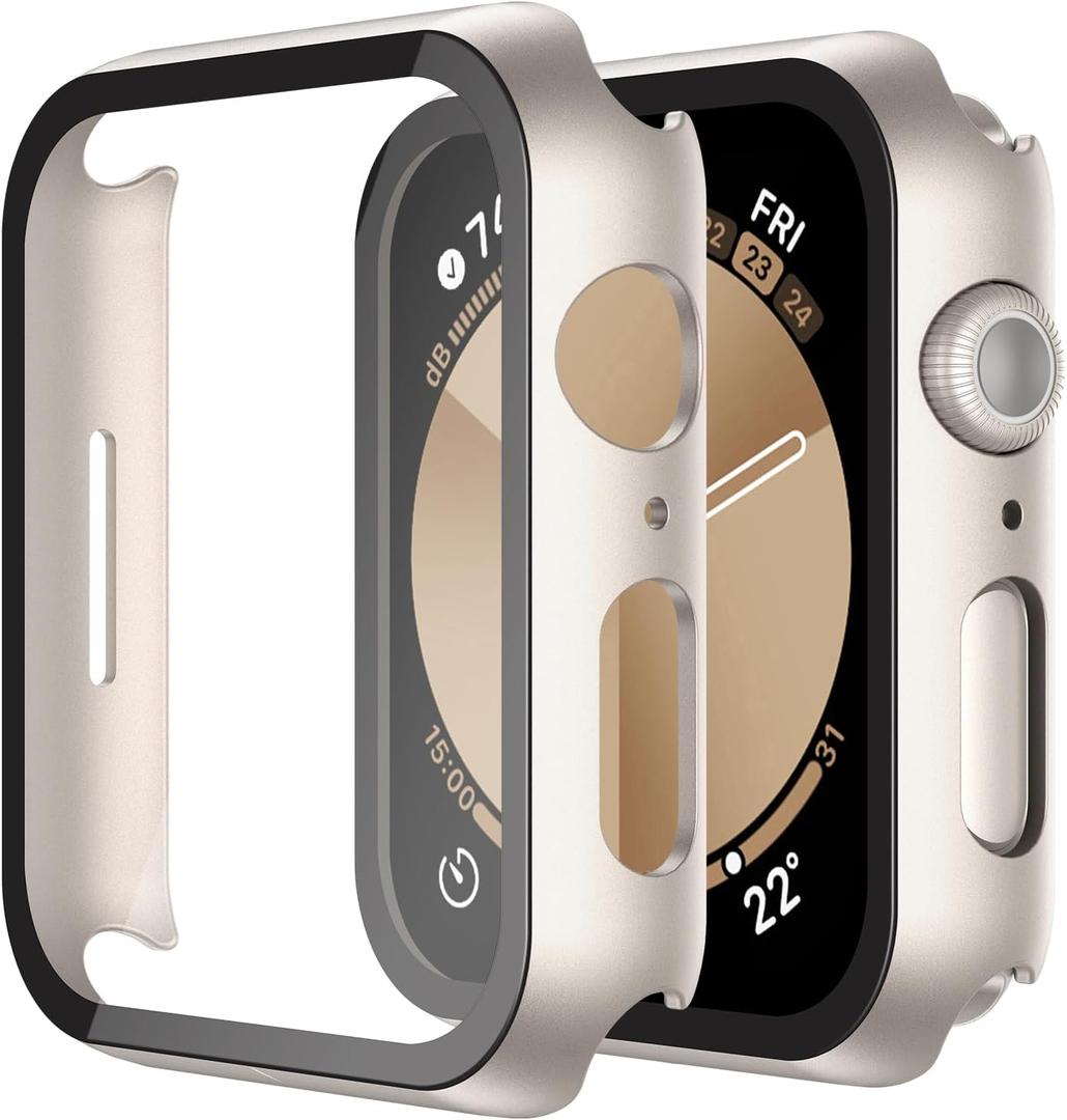 Misxi 2 Pack Hard PC Case with Tempered Glass Screen Protector Compatible with Apple Watch SE 3 (2025) SE 2 SE Series 6 Series 5 Series 4 44mm, Anti-Drop Scratch Resistant Cover for iWatch, Starlight