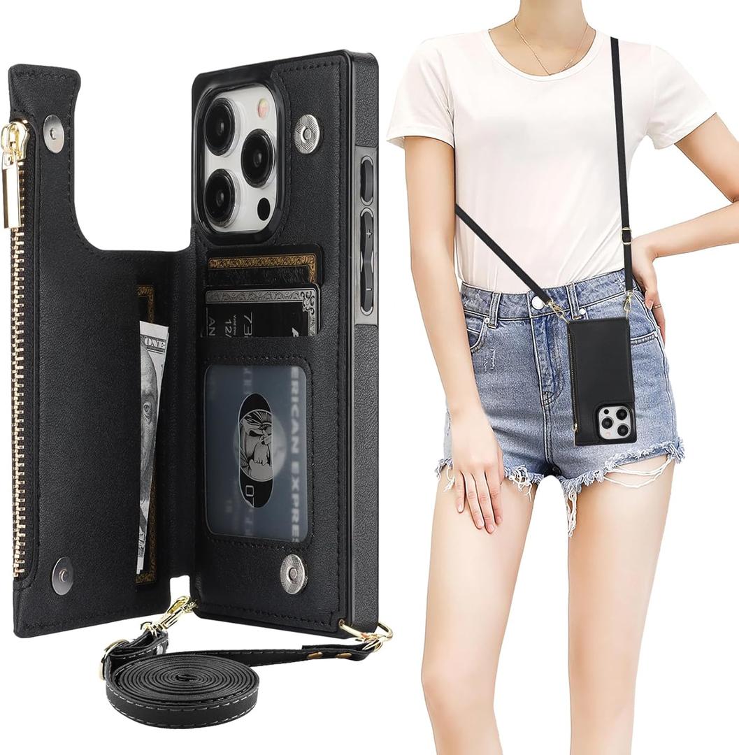 Bocasal Crossbody Wallet Case for iPhone 15 Pro with RFID Blocking Card Slot Holder, Magnetic Flip Folio Purse Case, PU Leather Zipper Handbag with Detachable Lanyard Strap 6.1 Inch 5G (Black)