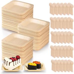 300 Pcs Disposable Palm Leaf Bowls, Square Bamboo Appetizer Plates, Compostable Wood Plates with Bamboo Forks for Birthday Wedding Party, Dessert, Catering and Home Use (4.4 x 4.4x0.5 Inch)
