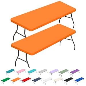 BDDC 2 Pack Rectangle Fitted Table Covers for 6 Foot Tables – 30" x 72" Stretchy Spandex Orange Table Cloth, Washable & Wrinkle-Resistant Tablecloth for Indoor/ Outdoor Picnics, Patios & Events