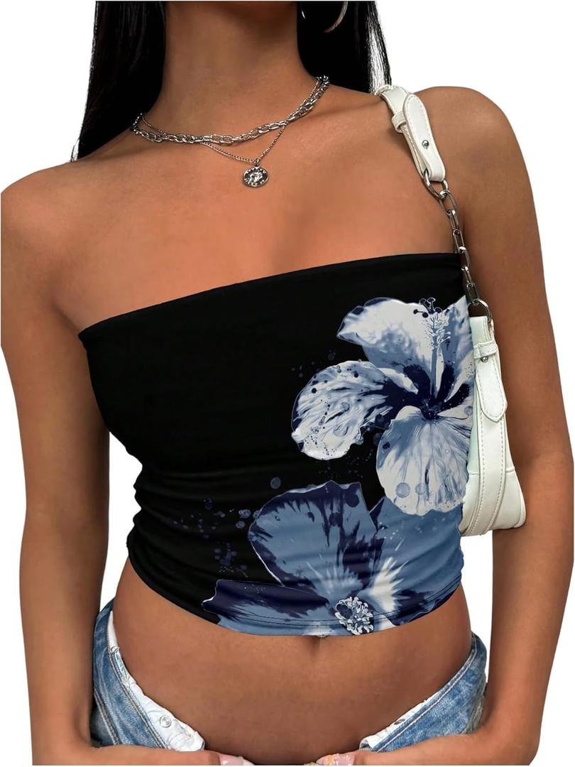 Women's Y2K Floral Strapless Tube Tops Sleeveless Fitted Crop Bandeau Top Going Out Tanks (Large, Black)