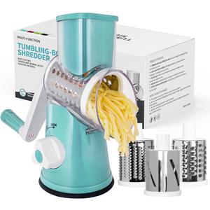 X Home Rotary Cheese Grater for Kitchen, Shredder with 3 Interchangeable Blades, Rotary Grater with Handle and Strong Suction Base, for Vegetables, Fruit, Nuts, Easy to Use and Clean, Blue