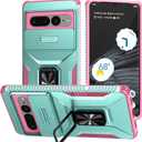 For Pixel 7 Pro Case,with Sliding Camera Lens Cover,HD Screen Protector, 360 Rotating Ring Kickstand, AYMECL Military-Grade Shockproof Protective Cover for Google Pixel 7 Pro, Mint, Pink