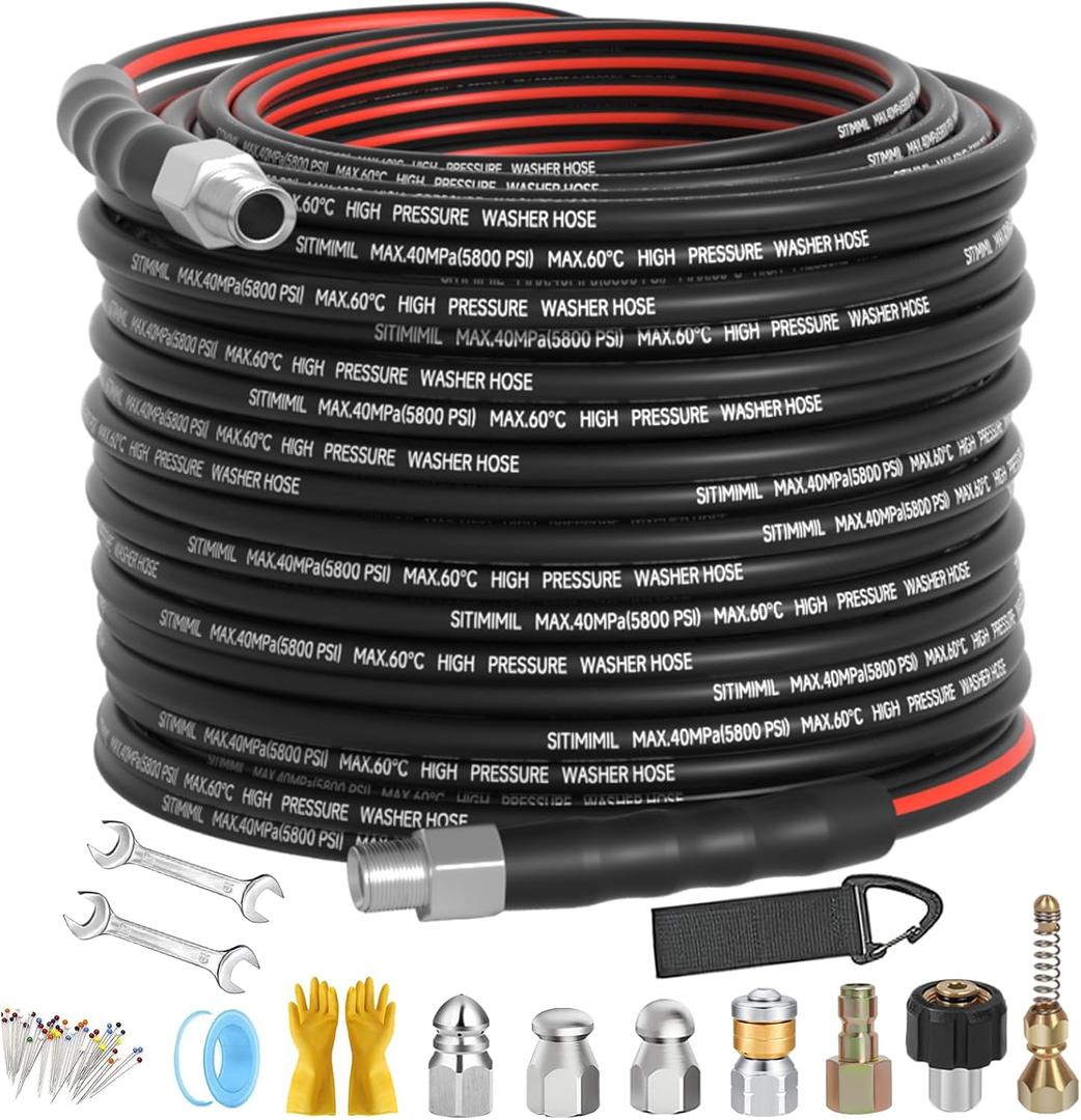 Sewer Jetter Kit for Pressure Washer 100FT, Drain Cleaner Hose 1/4 Inch NPT, NPT Corner Swivel and Push Button Nose Sewer Jet Nozzle Wrenches Gloves Waterproof Tape Pearl Brooch,5800PSI