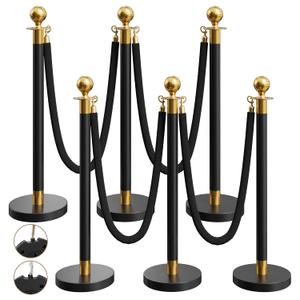 6 Pack Black & Gold Stanchions and Velvet Ropes Set, Stainless Steel Crowd Control Barriers, 4Pcs Black Ropes and Poles for Party Supplies, Photobooth Accessories, Prom, Birthday, Business, Wedding, Museums