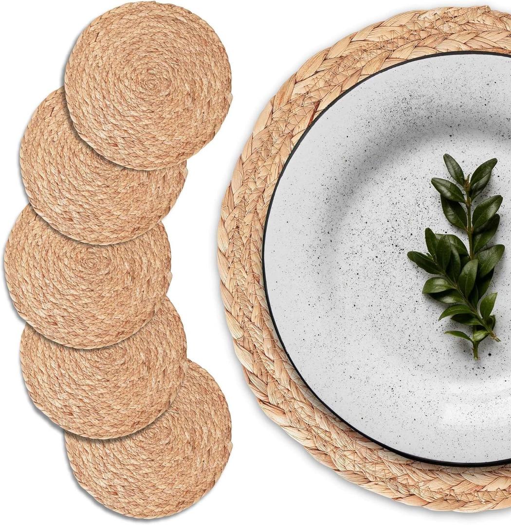 UNIGREEN Woven Placemats Set of 6,13.5" Round Rattan Placemats,Natural Hand-Woven Water Hyacinth Placemats,Farmhouse Weave Place Mats,Rustic Braided Wicker Table Mats for Dining Table,Home,Wedding