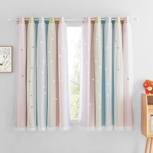 NICETOWN Rainbow Star Cutout Curtains for Girls' Bedroom & Nursery, Extra Wide Sliding Door Curtains, 2 Panels, 70 x 63 inch