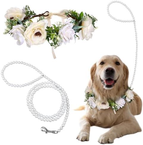 Haiabei Dog Flower Collar Wedding and Leash Set Pearls,Dog Wedding Flower Collar with Pearls Beaded Elegant Dog Flower Headband Pet Photo Prop for Wedding Adjustable Floral Collars Pet(Medium), White