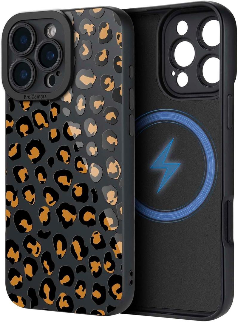 2 x Case for iPhone 16 Pro Max [Compatible with MagSafe] Built in Magnetic Cute Girly Sleek Boho Aesthetic Style Design for Women Girls Brown Animal Leopard Print Soft TPU Protective Shockproof Mate Black
