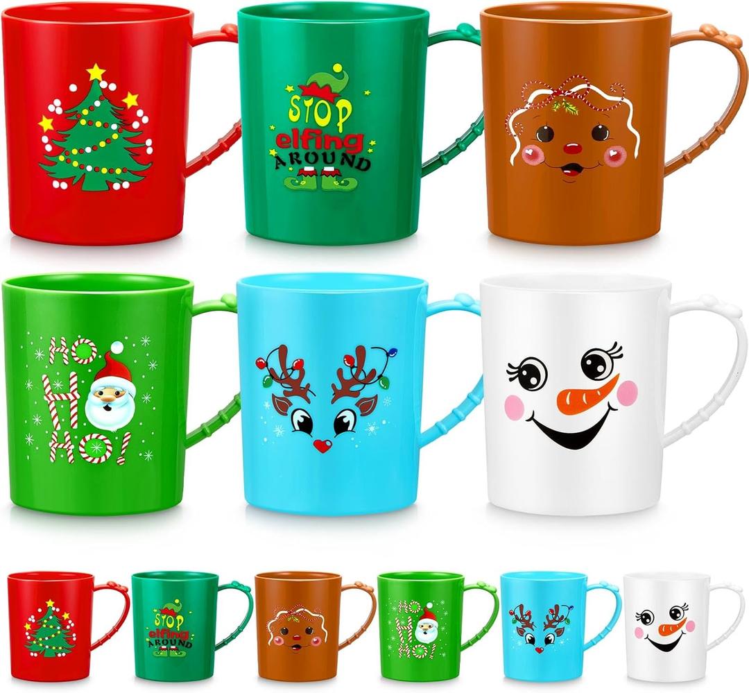 Suclain 12 Pc Christmas Plastic Mugs 15 oz Christmas Mug Set Holiday Plastic Coffee Cups with Handle Santa & Snowman Mugs for Winter Holiday Party Supplies, 6 Styles