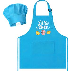 R HORSE 2 Pcs Kid Apron and Chef Hat Set, Adjustable Children Blue Kitchen Apron Cooking Baking Painting and Training Kits Dress up Role Play Chef Toy Kid Funny Cooking Gift New Year