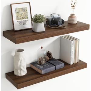 30 Inch Floating Shelves for Wall, 8 Inch Deep Floating Shelf for Storage & Display, Rustic Wall Mounted Shelf with Invisible Brackets for Living Room, Kitchen, Bathroom, Home Decor, Set of 2, Walnut