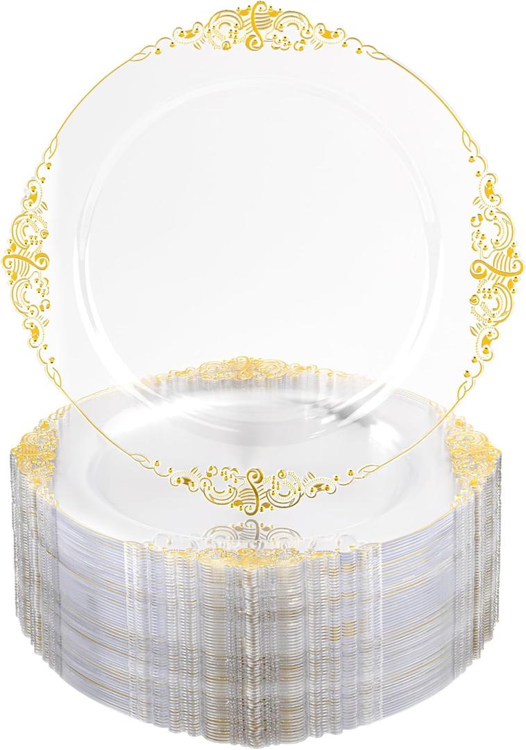 Nervure 100PCS Clear and Gold Plastic Plates - 10.25Inch Gold Disposable Plates - Heavyweight Dinner Plate for Wedding & Party