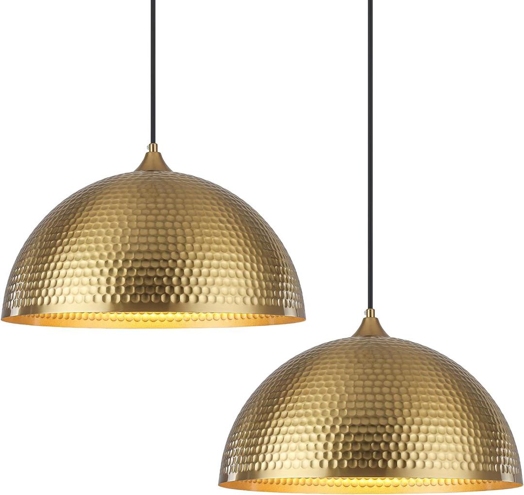 Gold Pendant Light 16 inch, Hammered Large Dome Pendant Light, Industrial Farmhouse Pendant Lights Kitchen Island, Gold Kitchen Pendant Lights for Kitchen, Dining Room Living Room 2 Pack