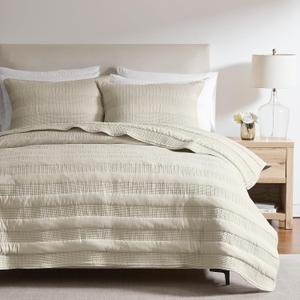 Beige Striped Queen Size Quilt Set, Lightweight Pick Stitch Bedspread with 2 Shams, Netural Soft Cloud Chambray Farmhouse Country Coverlet Rustic Thin Comforter Spring Summer, 3-Piece Bedding Set