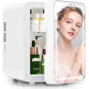 BOGDA Mini Skincare Fridge (4 Liter/6 Can) with Dimmable LED Light Mirror, Cooler and Warmer for Refrigerating Make Up, Skin Care and Food, Portable Mini Fridge for Bedroom, Office and Car, White