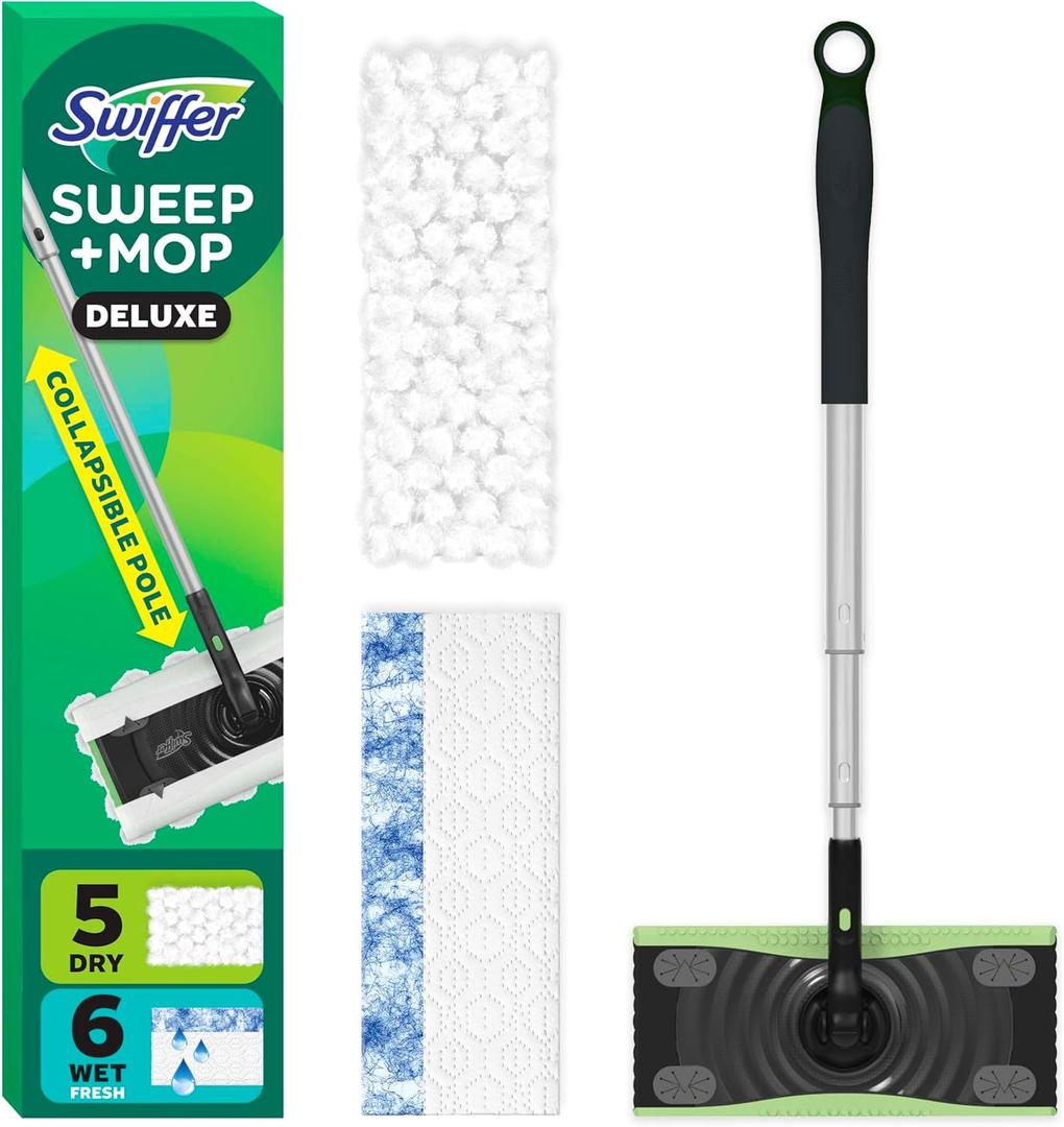 Swiffer Sweep & Mop Deluxe 2-in-1 Multi-Surface Kit for Floor Cleaning, Includes 1 Sweeper Device, 5 Dry Sweeping + 6 Wet Mopping Heavy Duty Cloths, Black