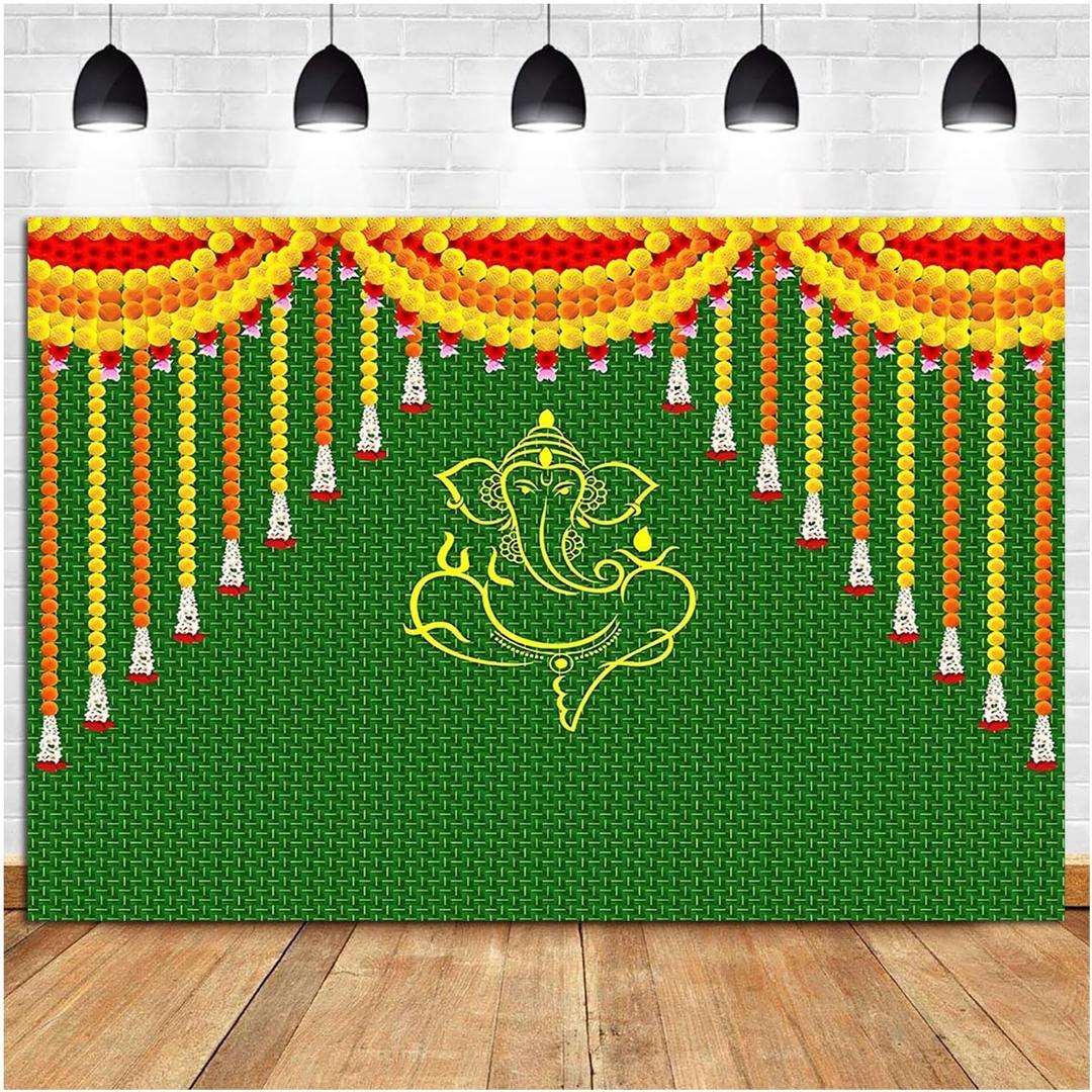 Qian Indian Carnival Photography Backdrop 7x5ft Green Chatiya Ganesh Background Mehndi Diwali Festival Marigold Puja Ganpati Wedding Photo Tapestry Booth Props Supplies
