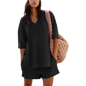 Yousify Womens 2 Piece Sets Summer Outfits 2025 Lounge Set 3/4 Sleeve Oversized Tops And Elastic Waist Shorts With Pockets (Small, Black)