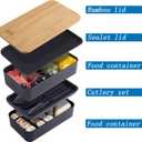 Japanese Bamboo Bento Box with Compartments and Utensils Stackable Lunch Box Includes Lunch Bag for Meal Prep Black