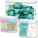 Clear Bathroom Organizer, 2-Size Essentials Set for Hail Accessories & Beauty Supplies, Cotton Swabs, Balls, Pads - Small Clear Plastic Canister Apothecary Jar Set, Vanity Makeup Storage Organizer (L+2S)