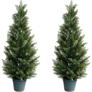 3 Feet Outdoor Artificial Topiary Cedar Tree, Set of 2 UV Resistant Potted Faux Cedar Trees for Outdoors and Indoors, Decorative Fake Shrubs Topiary Trees for Home Living Room Front Door Decor (Green)