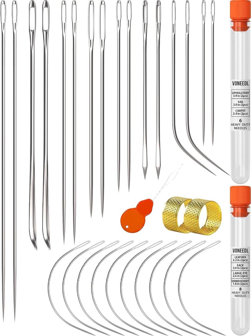 VONEEDL Heavy Duty Hand Sewing Needles Set - 26 Straight and Curved Hand Sewing Needles for Upholstery, Leather, Carpet, Canvas Repair and Sail Crafts