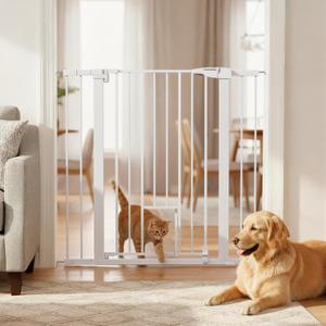 Mumeasy 36" High Extra Tall Baby Gate with Cat Door, 29.6"-40.5" Wide Pressure Mounted Dog Gate with Small Pet Door, Auto Close Pet Gate for House,Stairs,Doorways,White