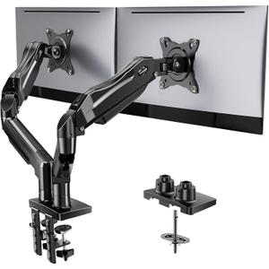 HUANUO FlowLift Dual Monitor Stand, Fully Adjustable Gaming Monitor Desk Mount for 1332 Computer Screens, Full Motion VESA 75x75/100x100 with C-Clamp & Grommet Base, Each Arm Holds 4.4 to 19.8 lbs