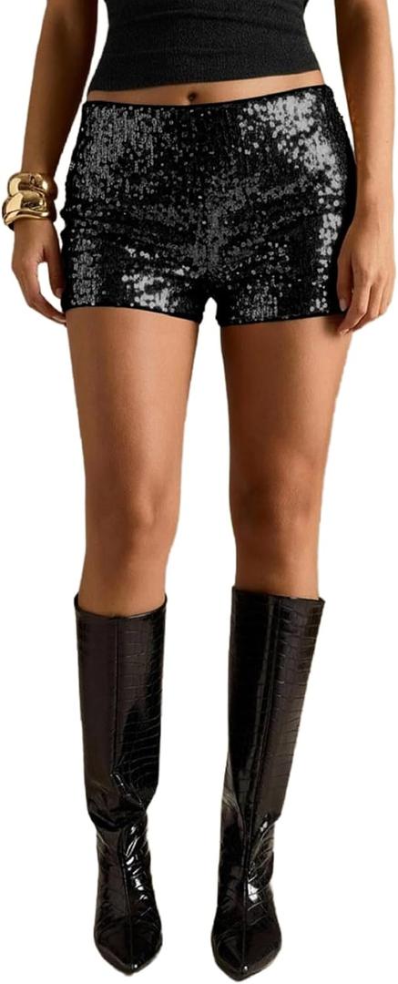 MakeMeChic Women's Cheetah Print Shorts Y2K Sequin Leopard Mini Micro Shorts (X-Large, Black)