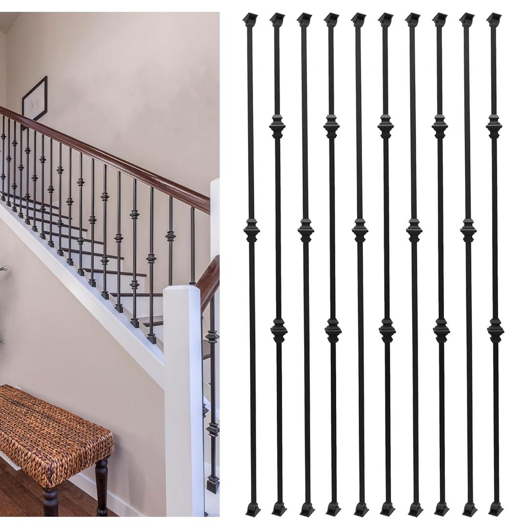 10-Pack Iron Balusters  1/2" Square Metal Stair Spindles, Hollow Double & Single Knuckle Design with 20 Swivel Shoes, Wrought Iron Staircase Balusters for Indoor & Outdoor Railing
