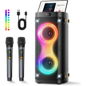 Karaoke Machine, Bluetooth Party Speaker with 2 Wireless Rechargeable Mics
Portable PA System with Lights, Outdoor Speaker, Peak 100W, 12H playtime, USB AUX TWS FM TF Card for Home Party, Camping