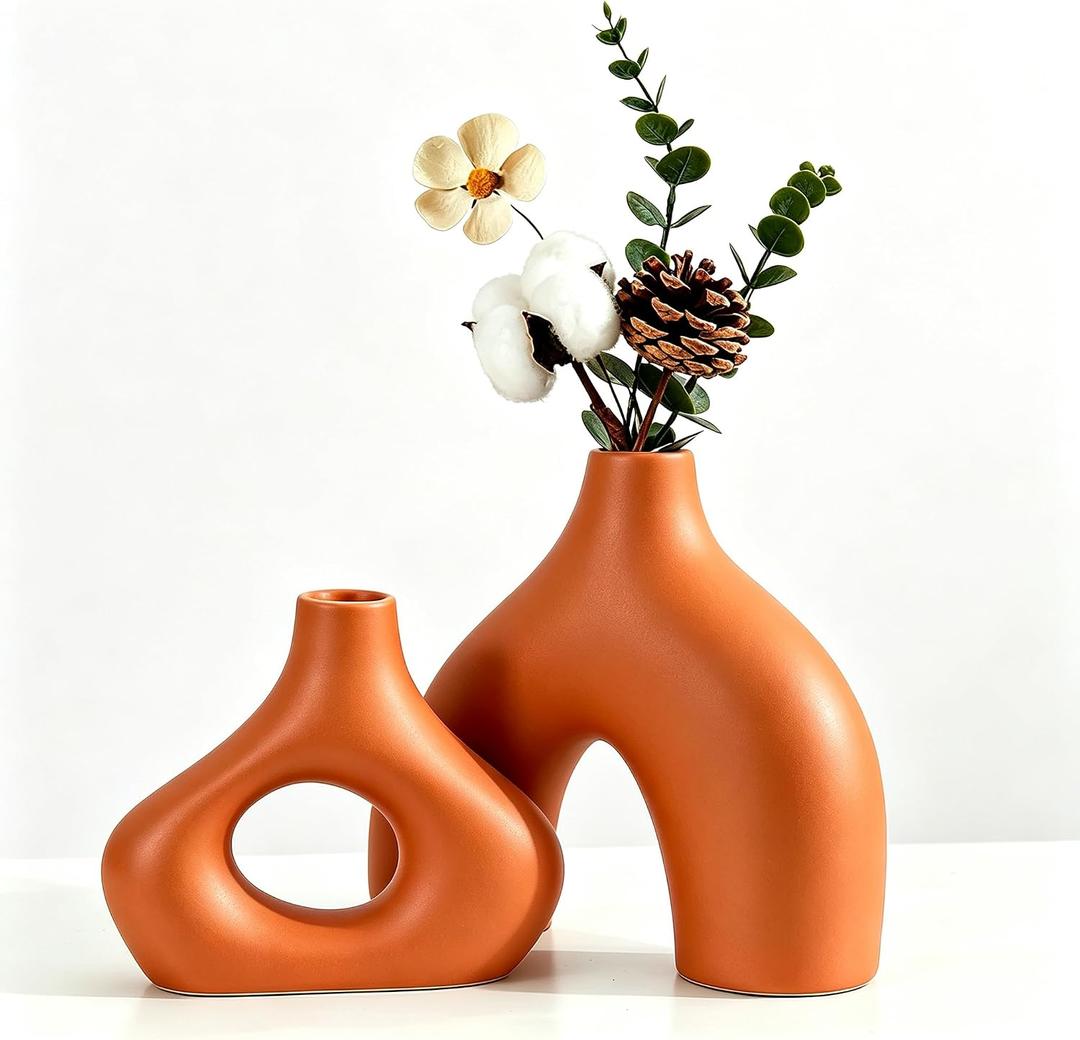 CEMABT Orange Ceramic Vase Set of 2 for Modern Minimalist Bohemian Decor，Round Matte Donut Vases for Pampas Grass-Perfect for Living Room, Dining Table, Office Bedroom Shelf Decor Entryway, Console