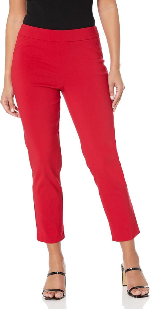 Briggs New York Womens Pull On Straight Leg Dress Pants, Slimming Stretch Slacks with Pockets, Everyday & Casual & Work (Red) 12
