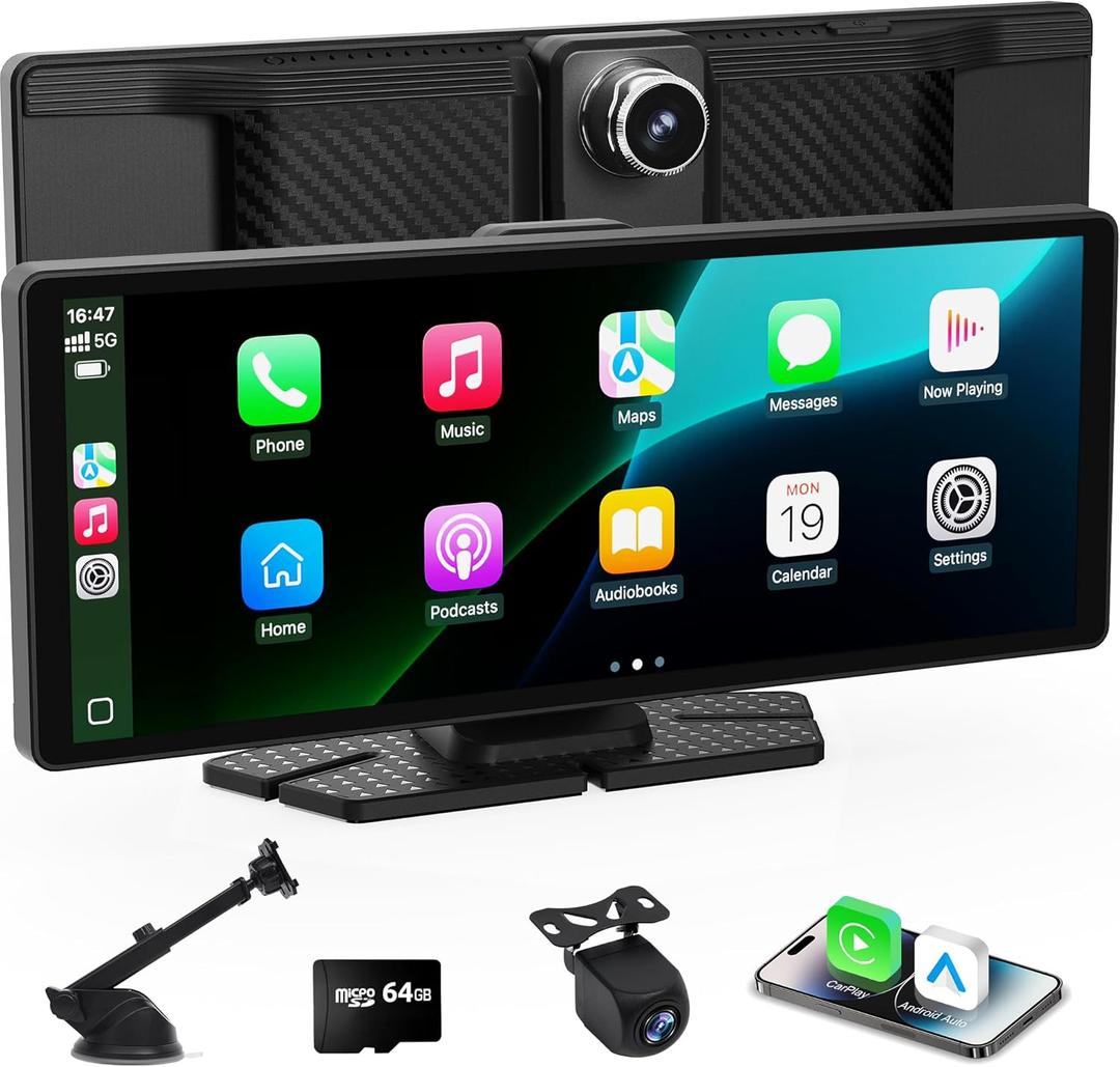 Carplay Screen for Car,10.26 inch Portable Car Play & Android Auto Touch Screen,4K Front & 1080P Rear Backup Camera Car Stereo,Loop Recording,GPS,Voice Control,Mirror Link,FM,AUX for All Vehicles