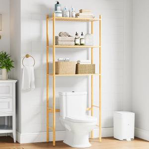 3 Tier Over The Toilet Organizer Rack Bamboo, Freestanding Bathroom Toilet Storage Shelf, Space Saving and Easy to Install, Adjustable Feet, Adjustable Bottom Rod