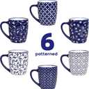 Schliersee 18 OZ Large Coffee Mugs Set of 6, Ceramic Mug for Man Woman, Blue White Geometric Floral Porcelain Cup for Latte, Tea, Cappuccino, Mocha, Cocoa, Housewarming Wedding Mug Present