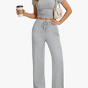 Women's 2 Piece Lounge Set Ruched Short Sleeve Tops High Waisted Wide Leg Pants, Size Medium