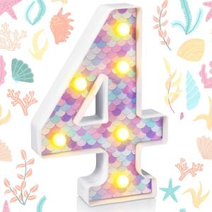 Mermaid Birthday Party Decoration, Decorative LED Glowing Numbers Mermaid Theme Marquee Digital Lights Table Centerpiece for Kids Under The Sea Birthday Baby Shower Party Decoration(4)